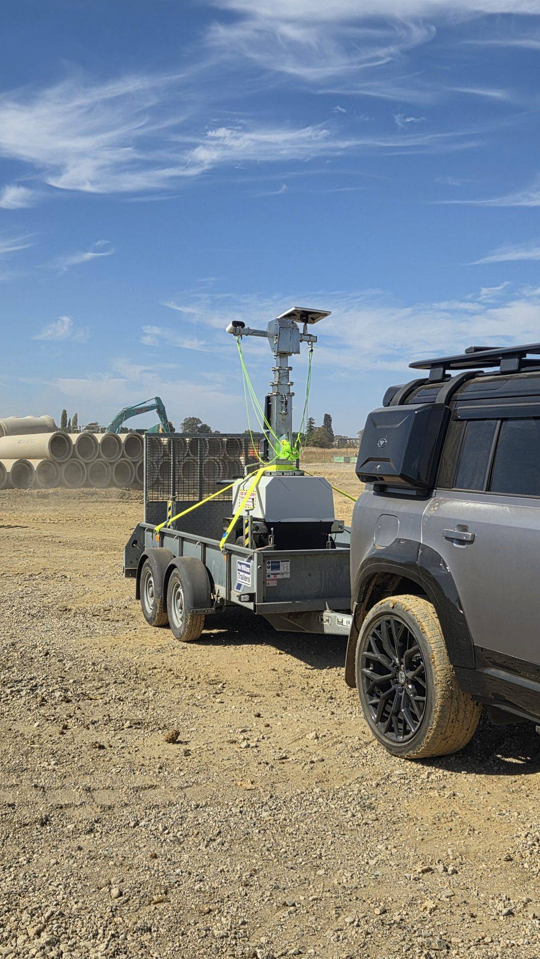 Timelapse tower on its trailer being delivered to site