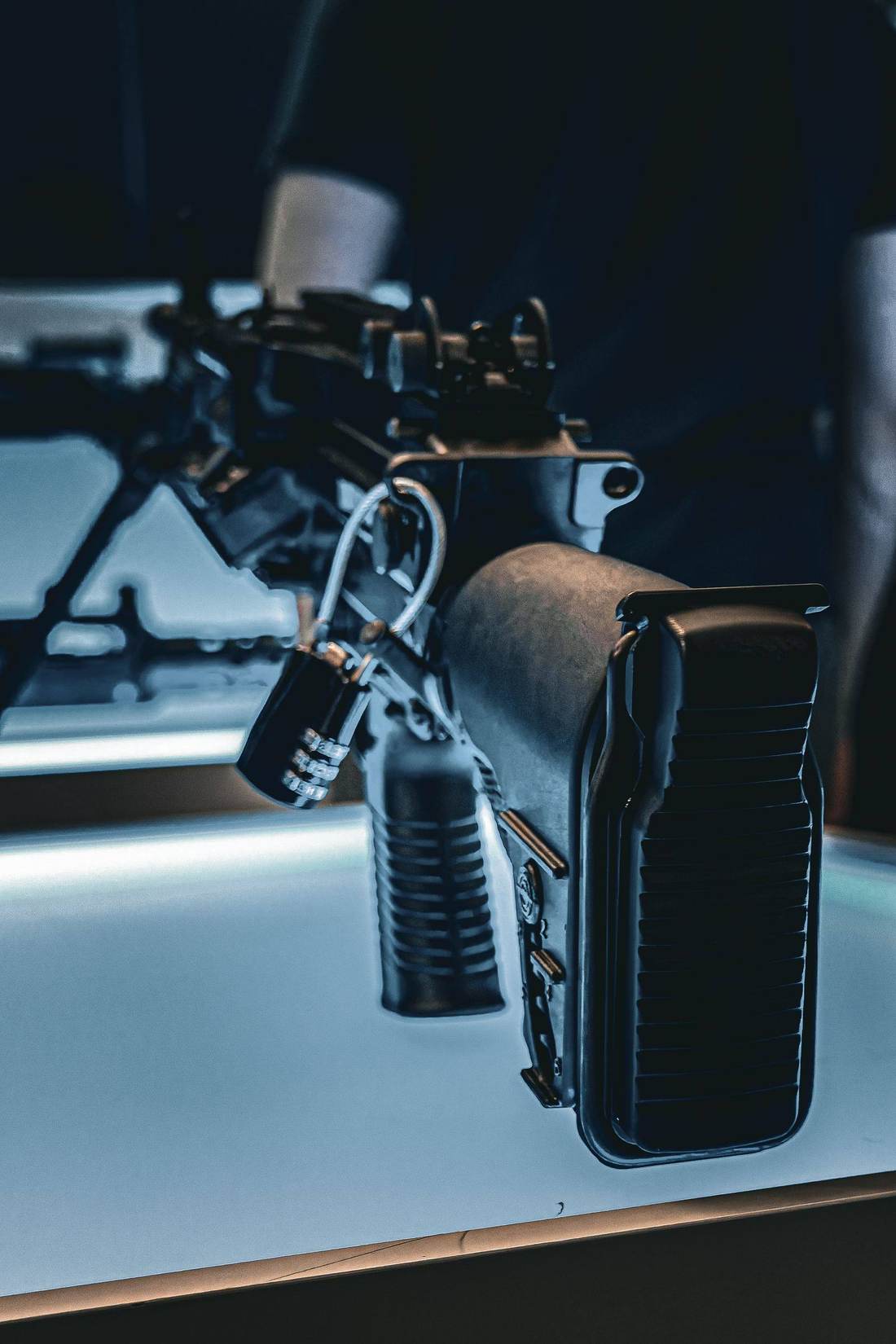 Weapon system on a display table at a defence exhibition